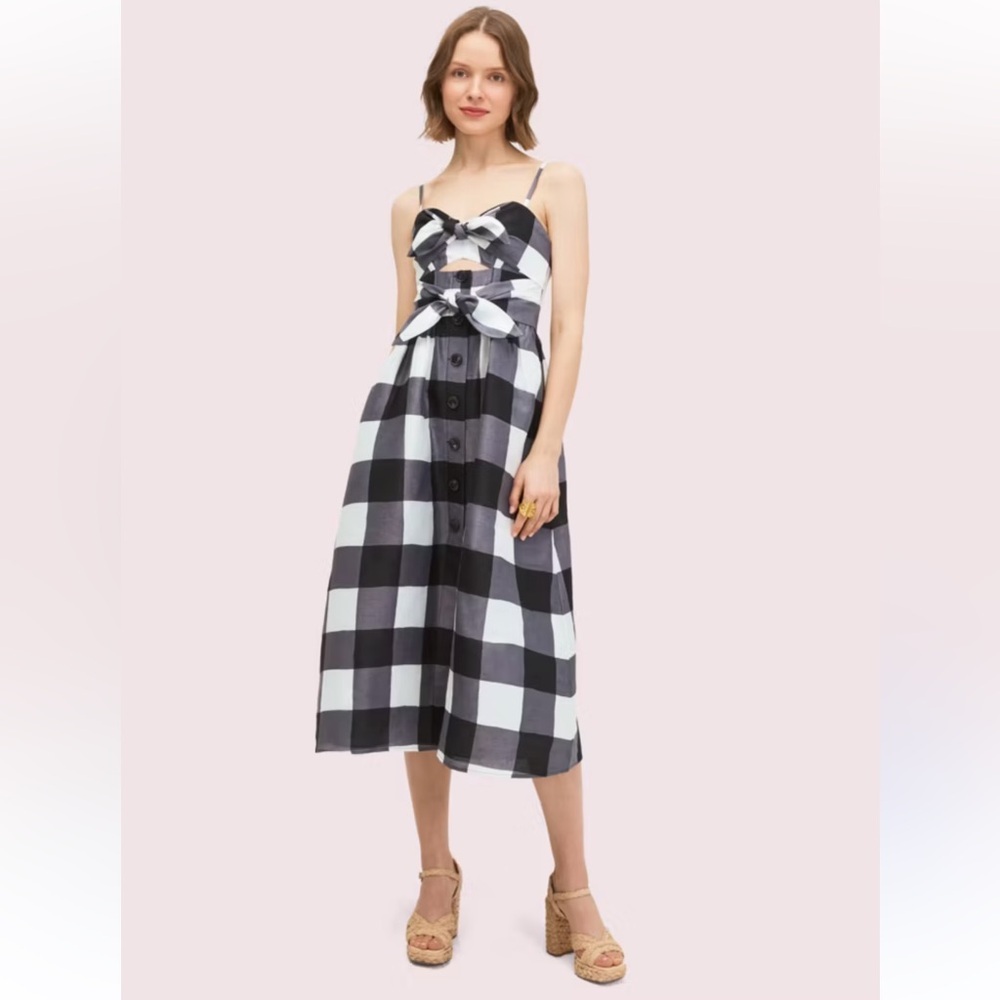 Kate Spade Gingham Bow Front Dress Midi White Grey Charcoal Buttons Pockets